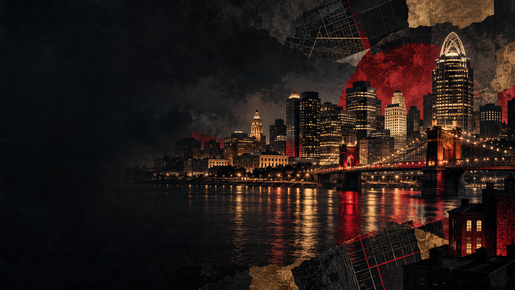 A cinematic night view of Cincinnati rising above a city street grid